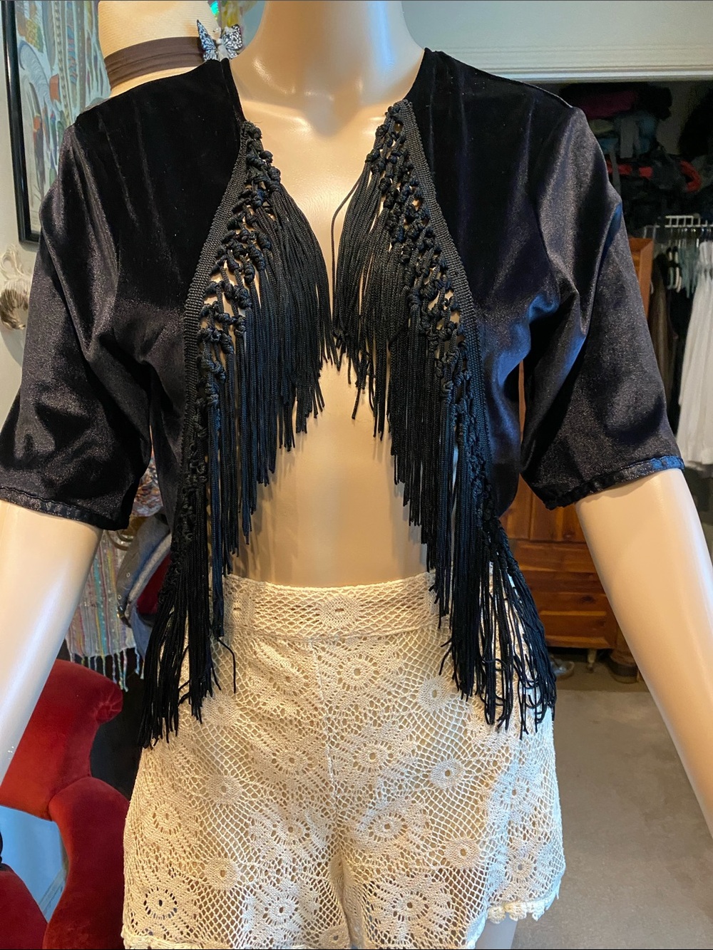 Free People Black Velvet Fringe Cropped Jacket